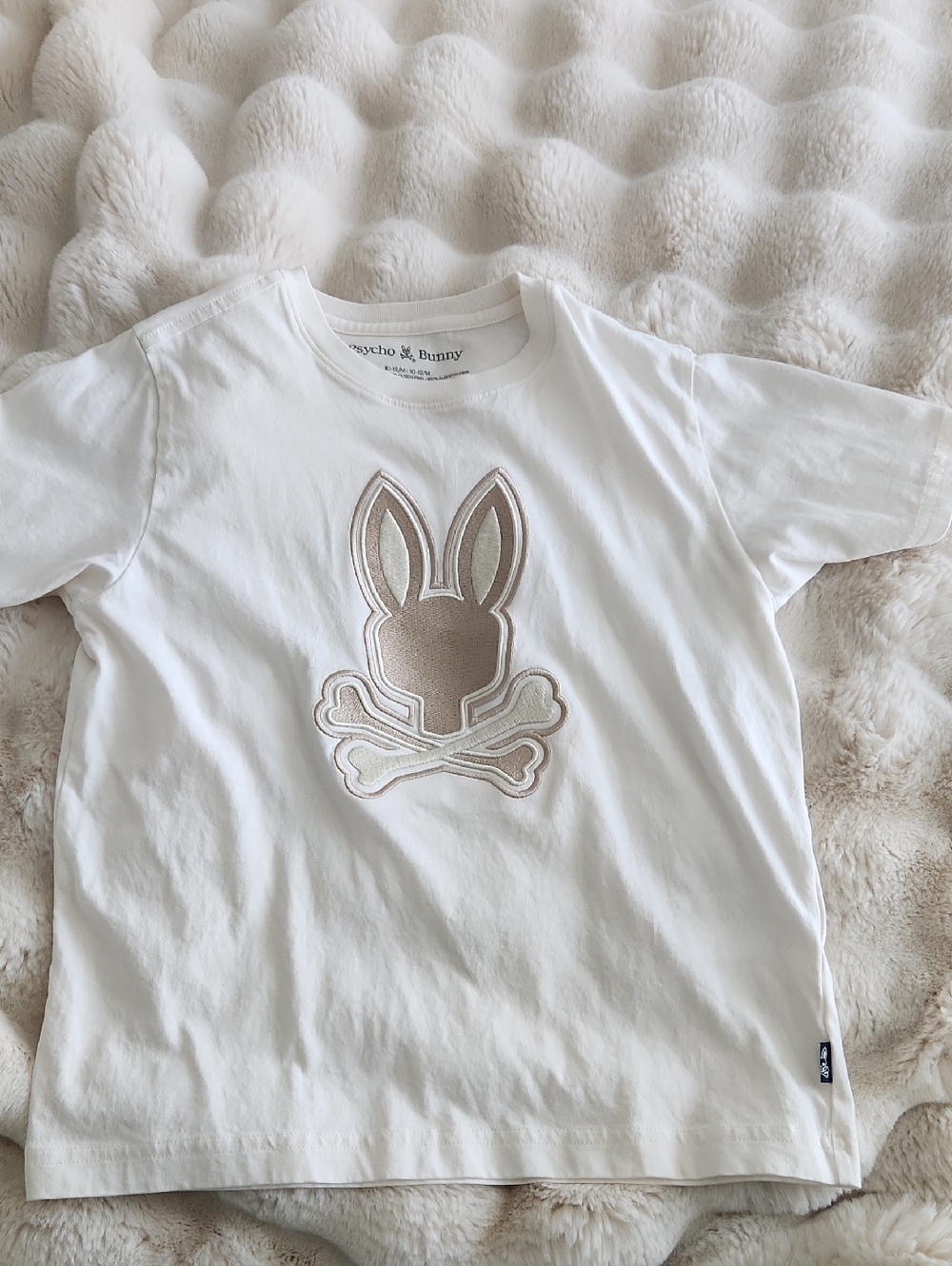 Psycho Bunny Kids White Tee with Beige Bunny Logo Patch